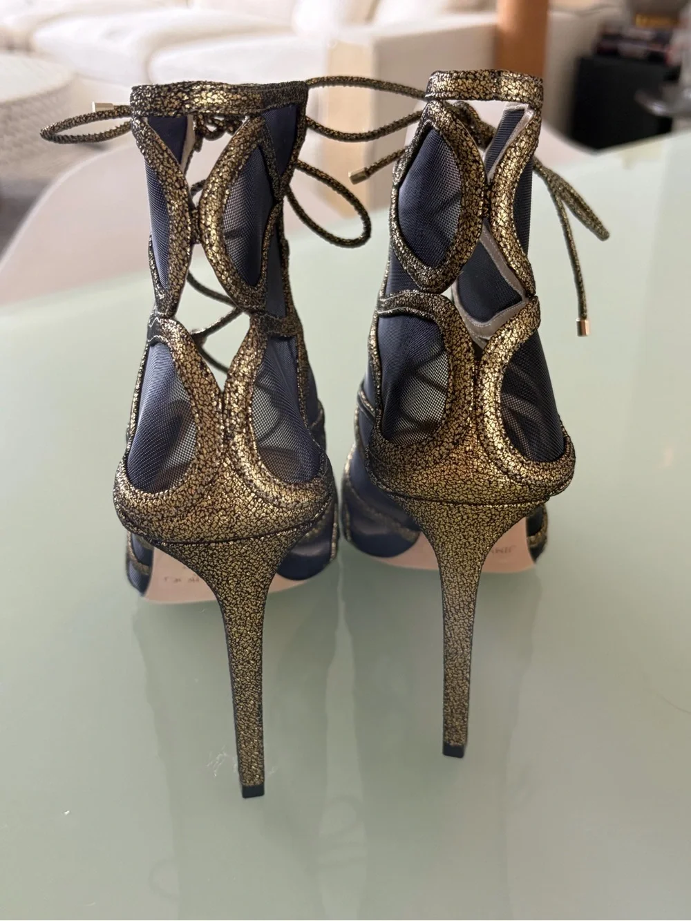 Jimmy Choo Gold Glitter Lace-Up Mesh Stiletto Sandals - Picture 4 of 8